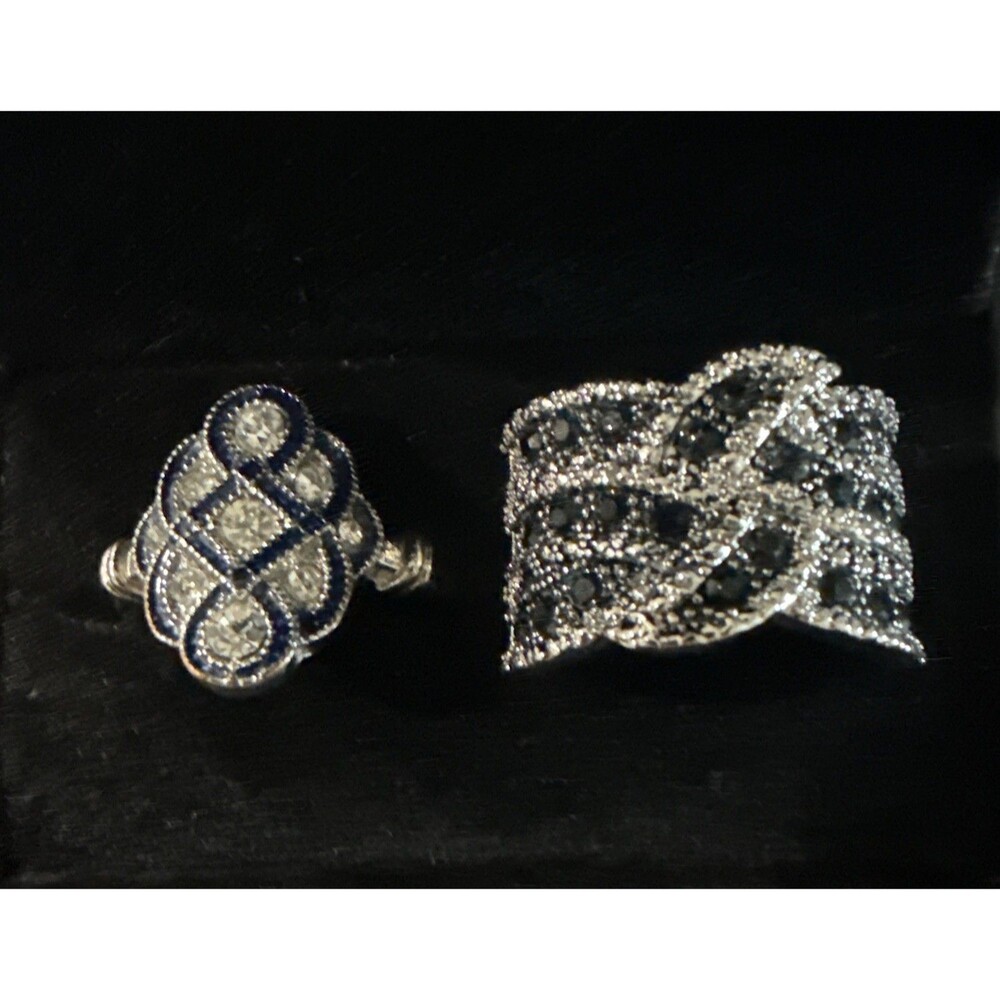 Lot of 2 Marked 925 Silver Sapphire & Diamond Look Crystal Blingy Rings Sz 10.5